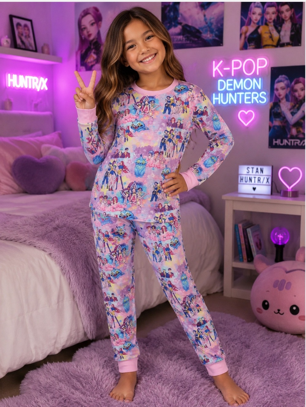 New K-Pop Demon Hunters Girls Huntrix Print 2-Piece Pajama Set Mira Rumi Zoey